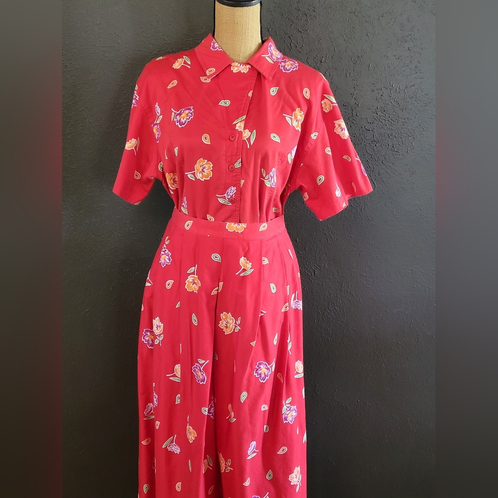 Alexander Campbell Vintage 80s Red Floral Cotton Skirt Set Size 12